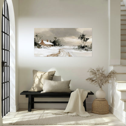Neutral winter cottage painting poster print in an entryway above a bench
