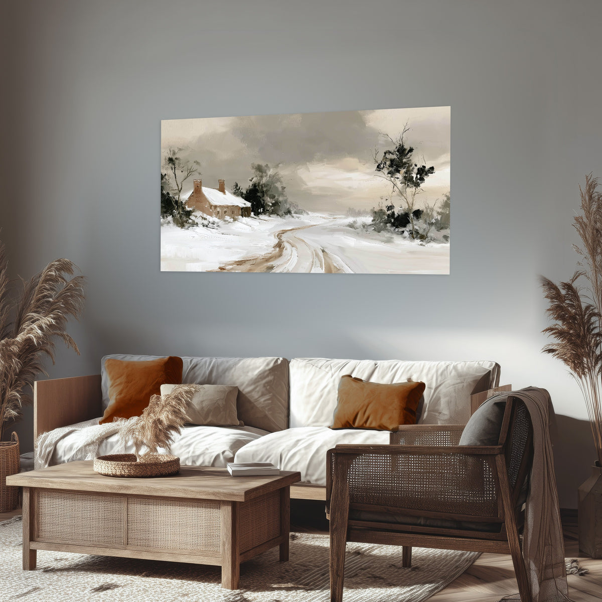 Neutral winter cottage painting poster print in a rustic living room