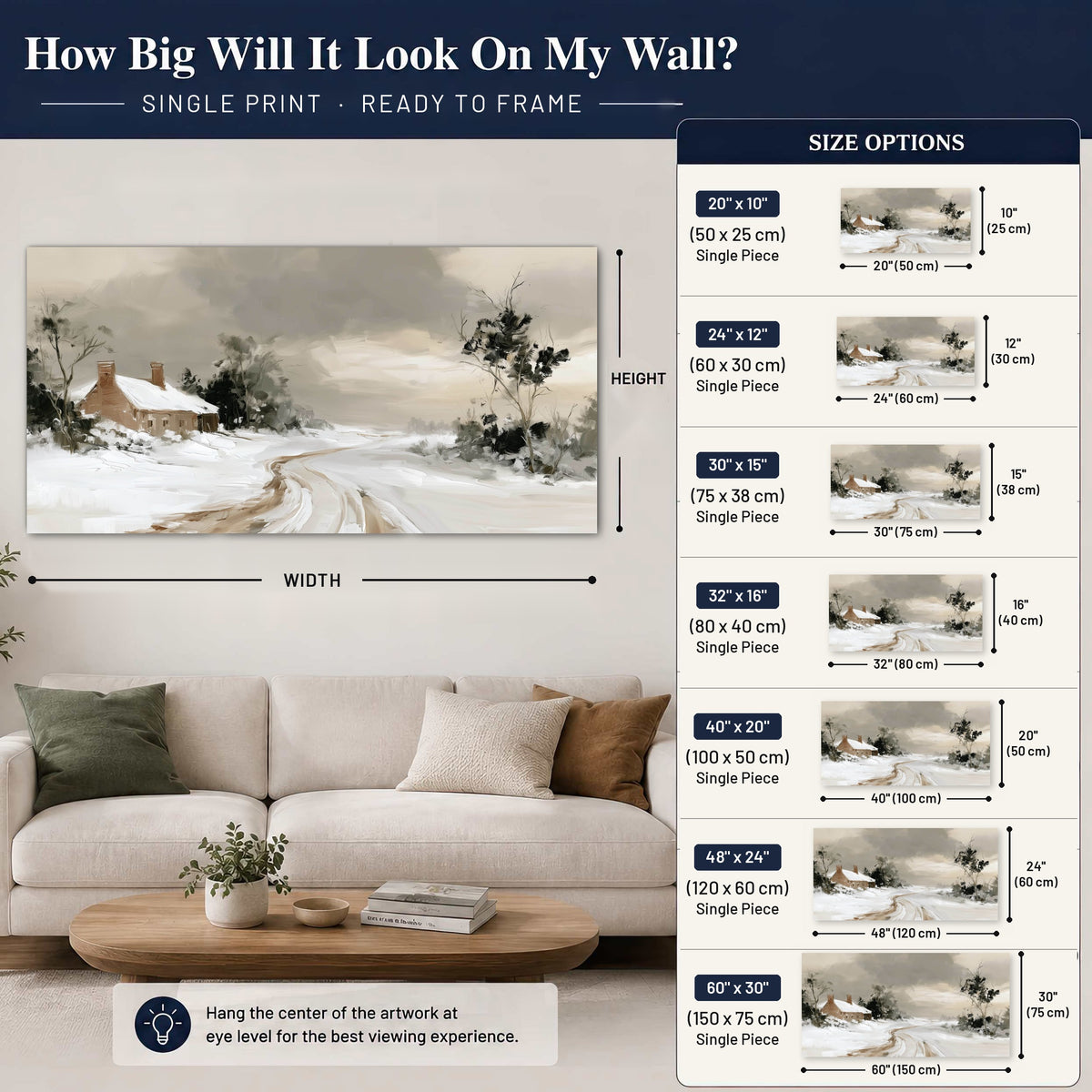 Neutral winter cottage painting poster print size guide above a sofa