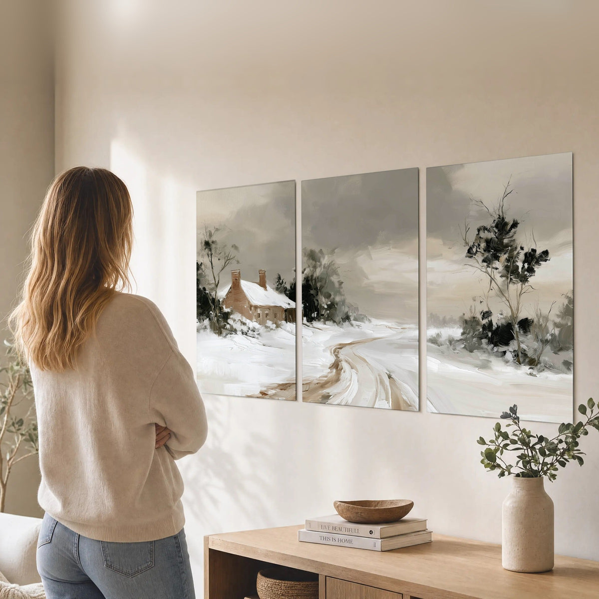 Neutral winter cottage painting set of 3 poster prints in a living room