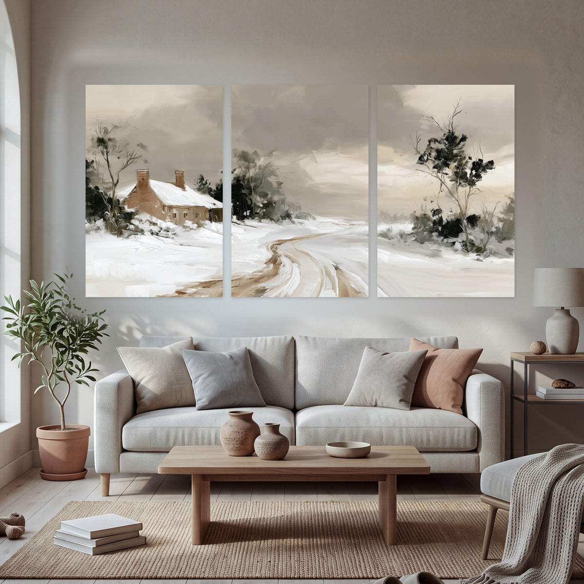 Neutral winter cottage painting set of 3 poster prints in a bright living room