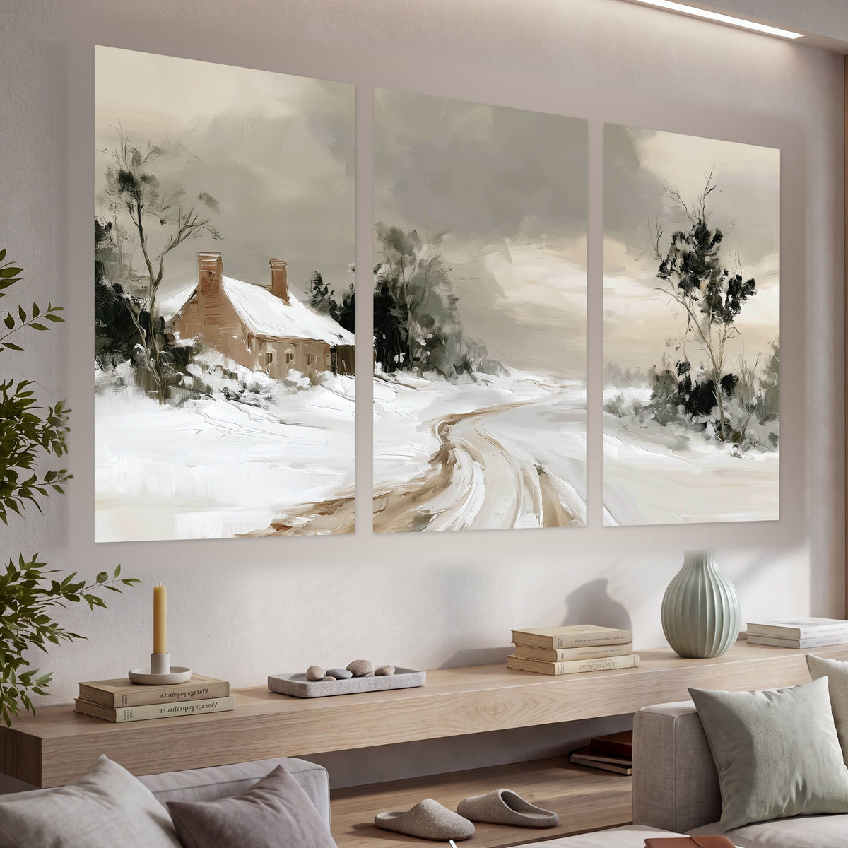 Neutral winter cottage painting set of 3 poster prints in a living room above a console