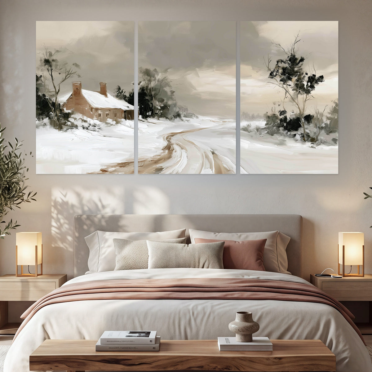 Neutral winter cottage painting set of 3 poster prints in a bedroom above the bed
