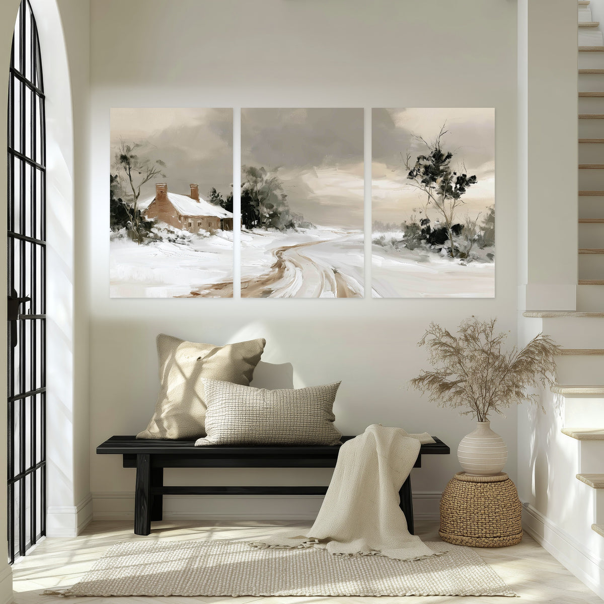 Neutral winter cottage painting set of 3 poster prints in an entryway above a bench