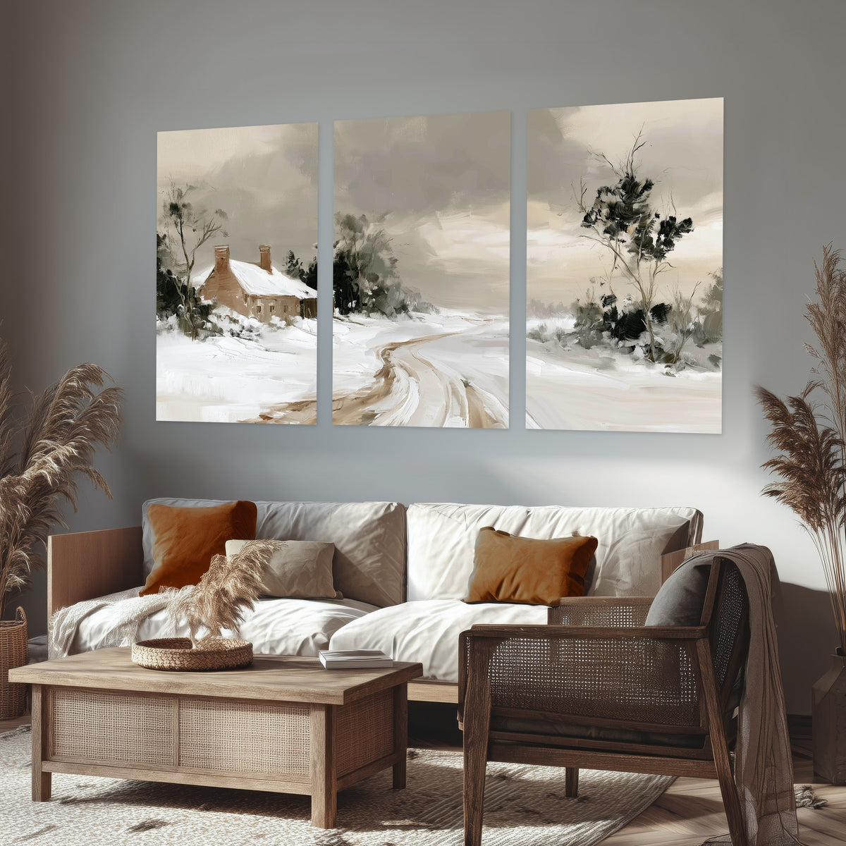 Neutral winter cottage painting set of 3 poster prints in a rustic living room