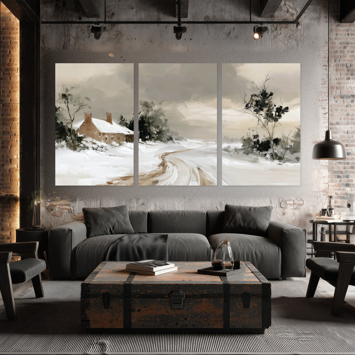 Neutral winter cottage painting set of 3 poster prints in an industrial loft