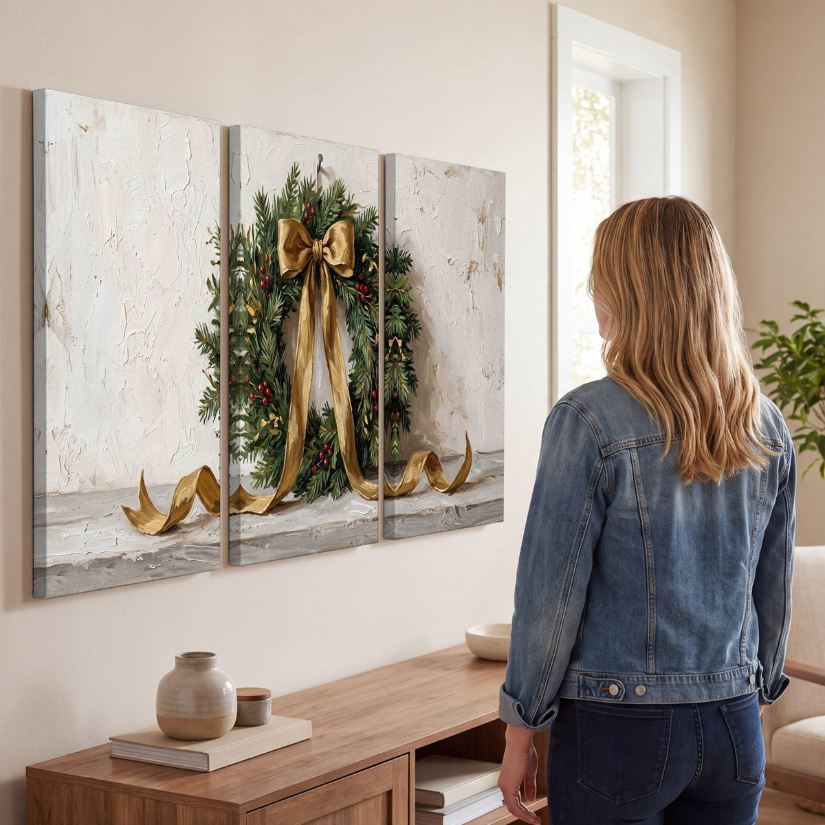 Christmas wreath gold ribbon painting 3 piece canvas wall art in a living room