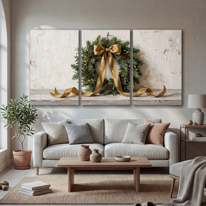 Christmas wreath gold ribbon painting 3 piece canvas wall art in a bright living room