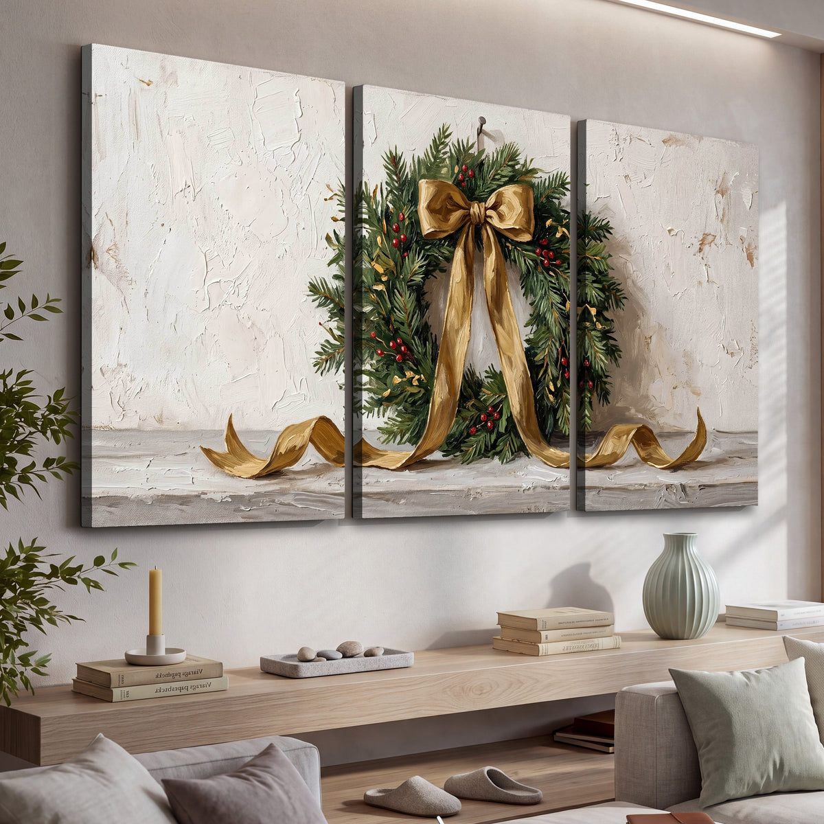 Christmas wreath gold ribbon painting 3 piece canvas wall art in a living room above a console