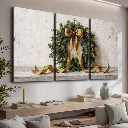 Christmas wreath gold ribbon painting 3 piece canvas wall art in a living room above a console