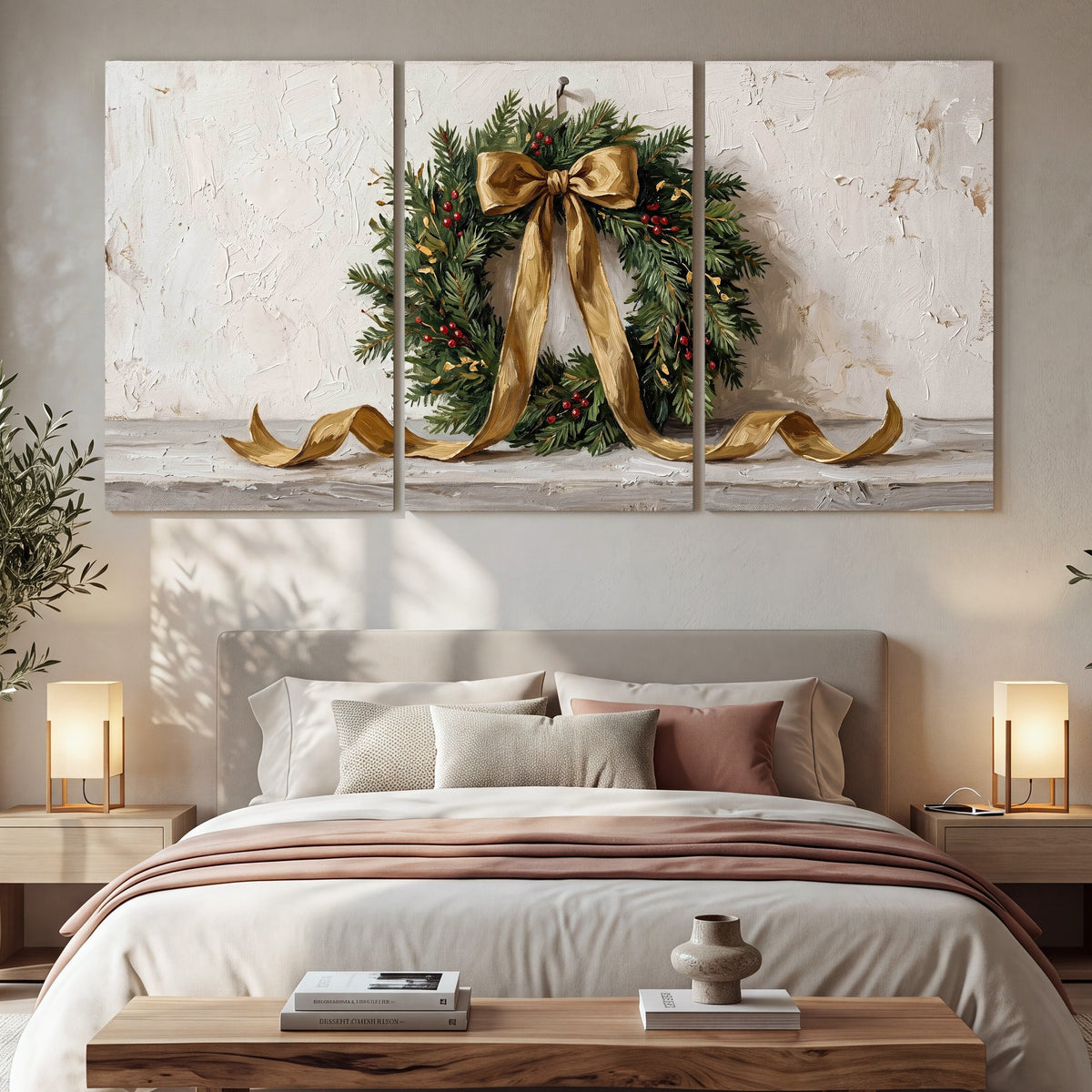 Christmas wreath gold ribbon painting 3 piece canvas wall art in a bedroom above the bed