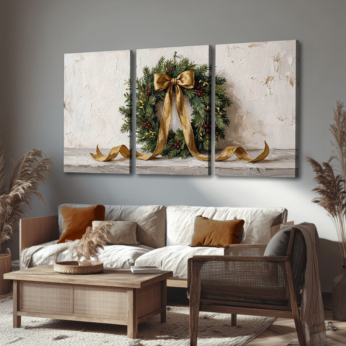 Christmas wreath gold ribbon painting 3 piece canvas wall art in a rustic living room