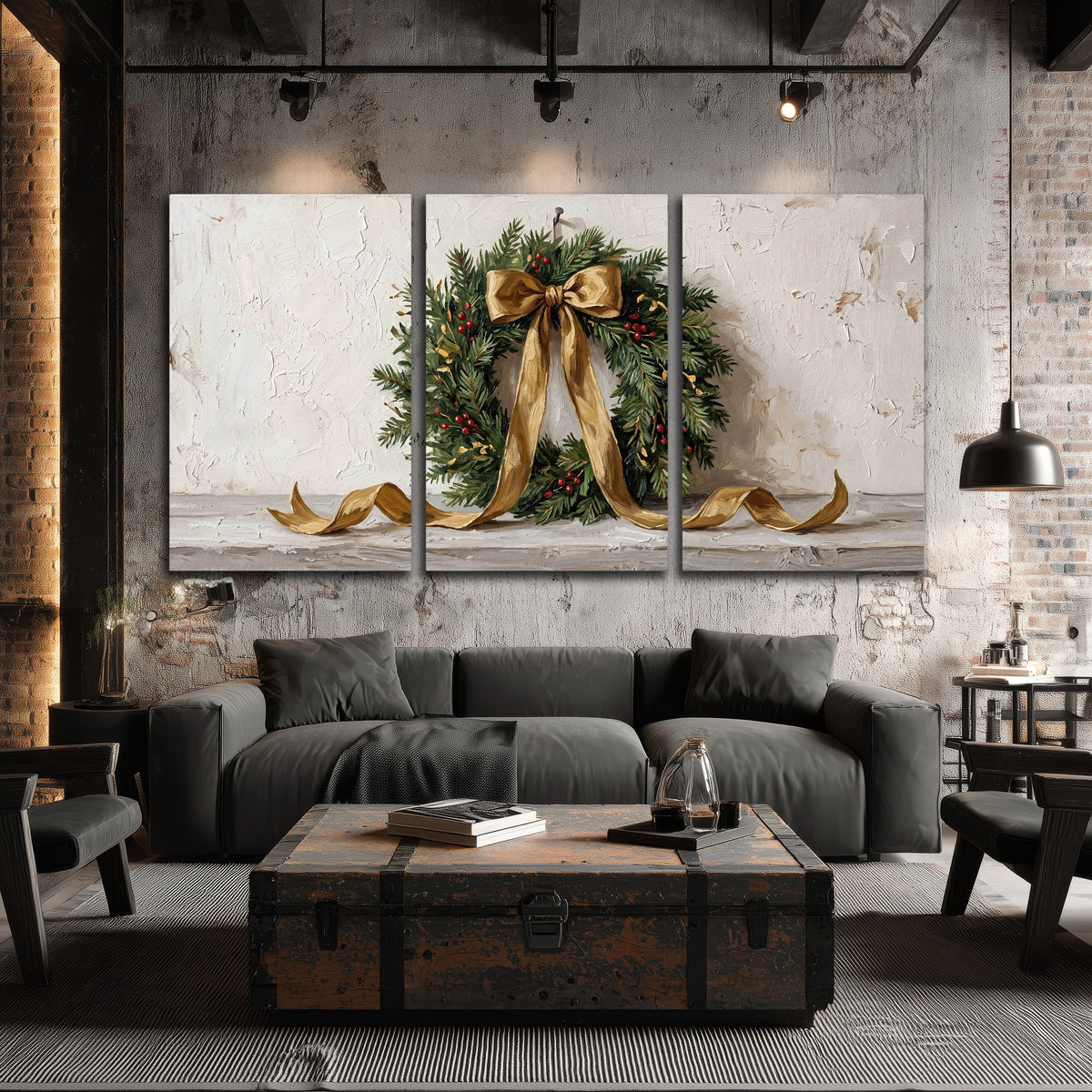 Christmas wreath gold ribbon painting 3 piece canvas wall art in an industrial loft