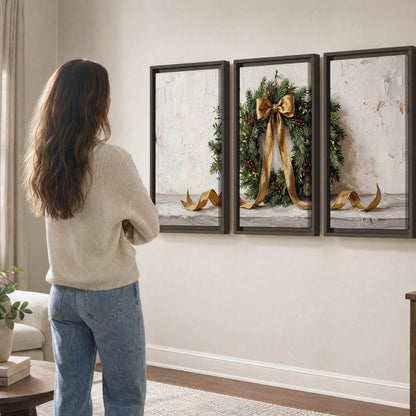 Christmas wreath gold ribbon painting 3 piece framed canvas in a living room