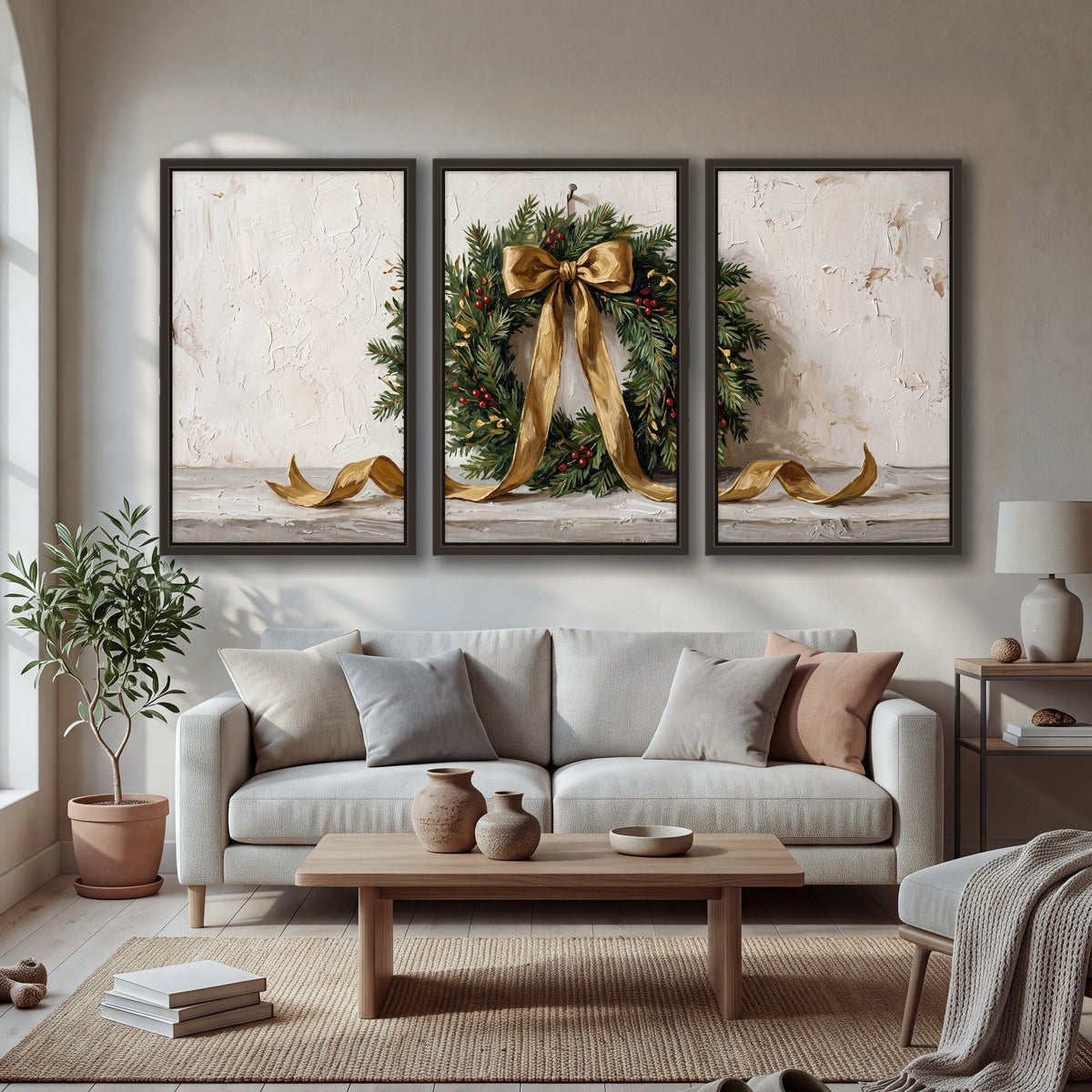 Christmas wreath gold ribbon painting 3 piece framed canvas in a bright living room
