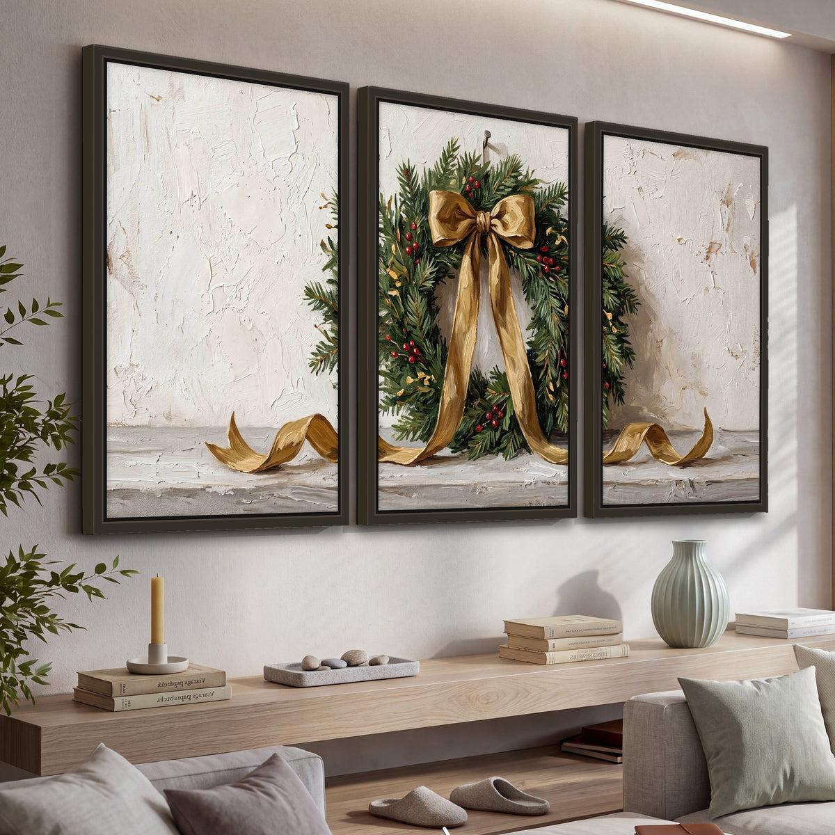 Christmas wreath gold ribbon painting 3 piece framed canvas in a living room above a console