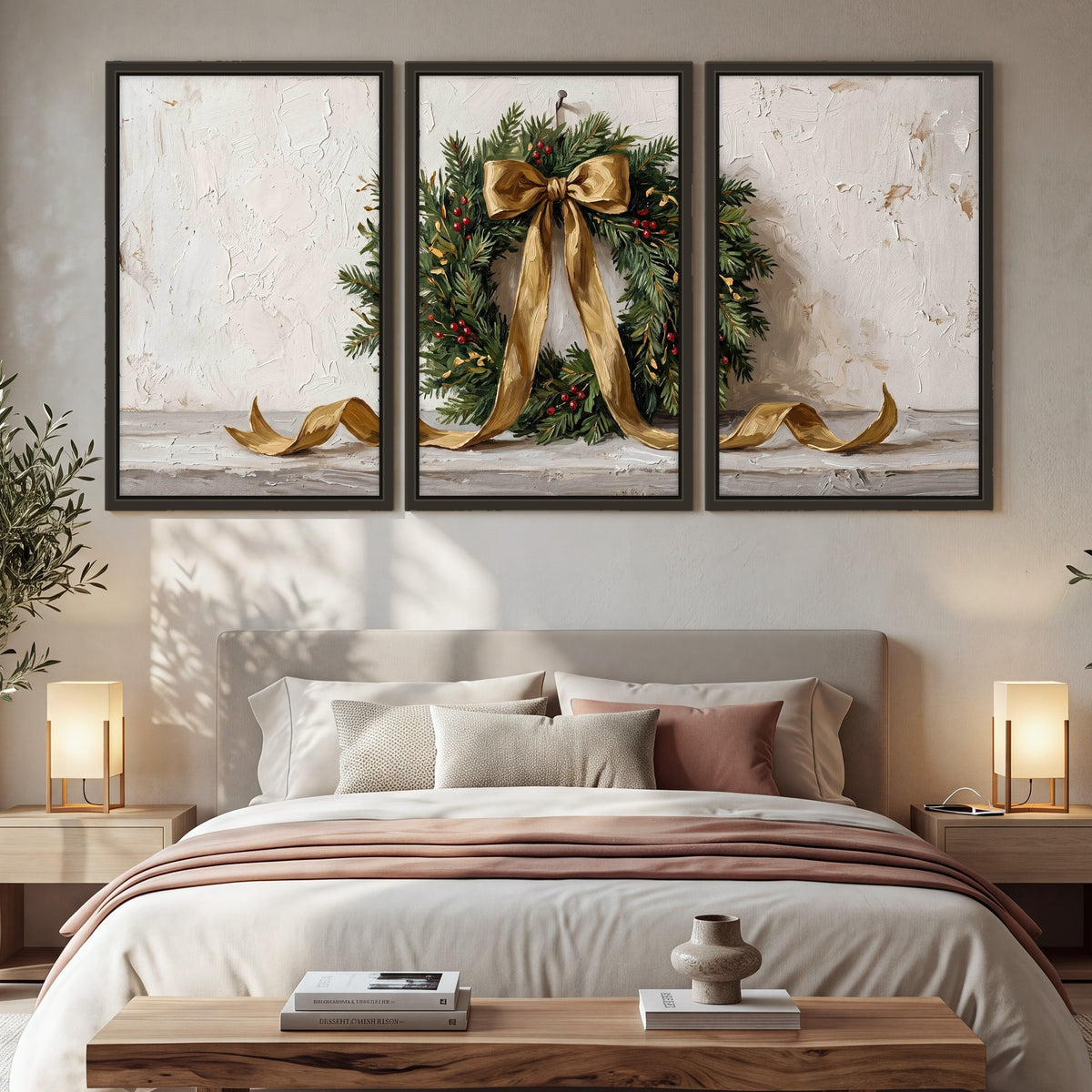 Christmas wreath gold ribbon painting 3 piece framed canvas in a bedroom above the bed