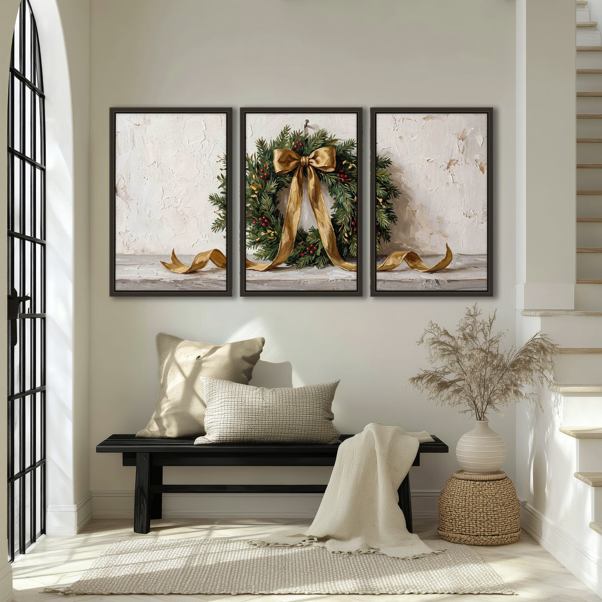Christmas wreath gold ribbon painting 3 piece framed canvas in an entryway above a bench