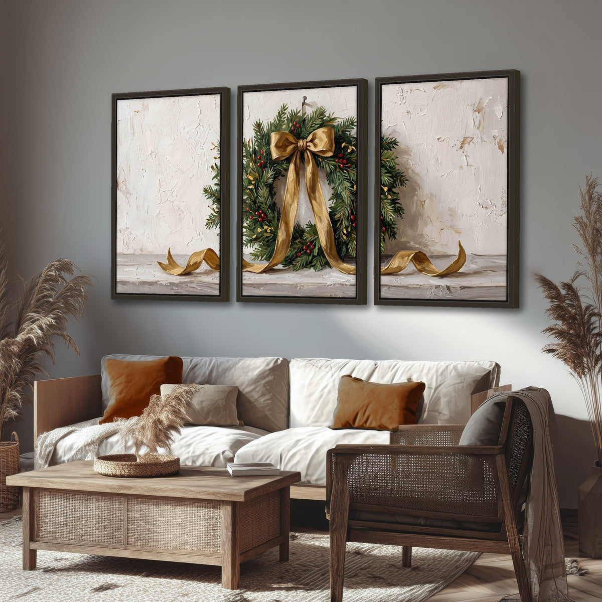 Christmas wreath gold ribbon painting 3 piece framed canvas in a rustic living room