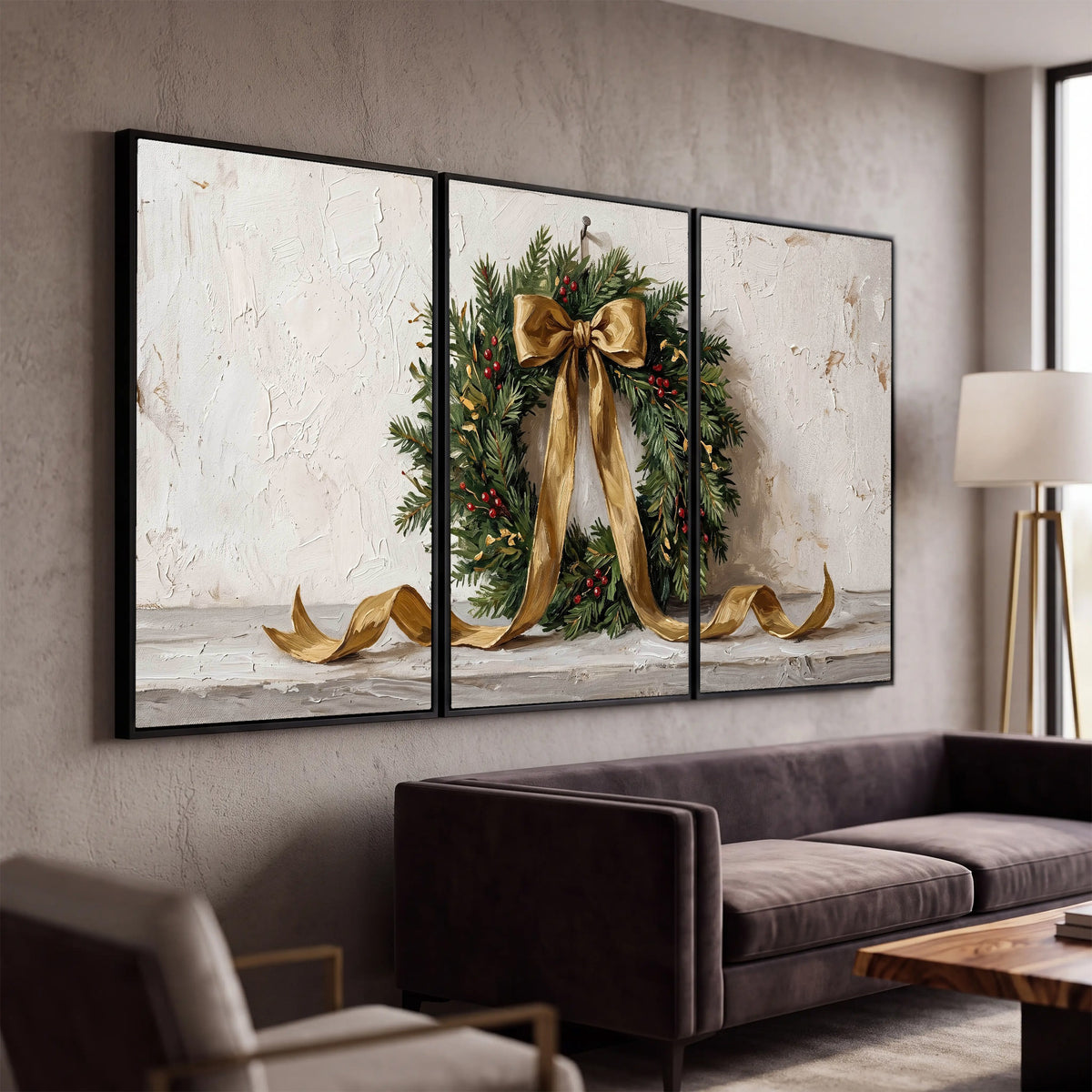 Christmas wreath gold ribbon painting 3 piece framed canvas in a modern living room