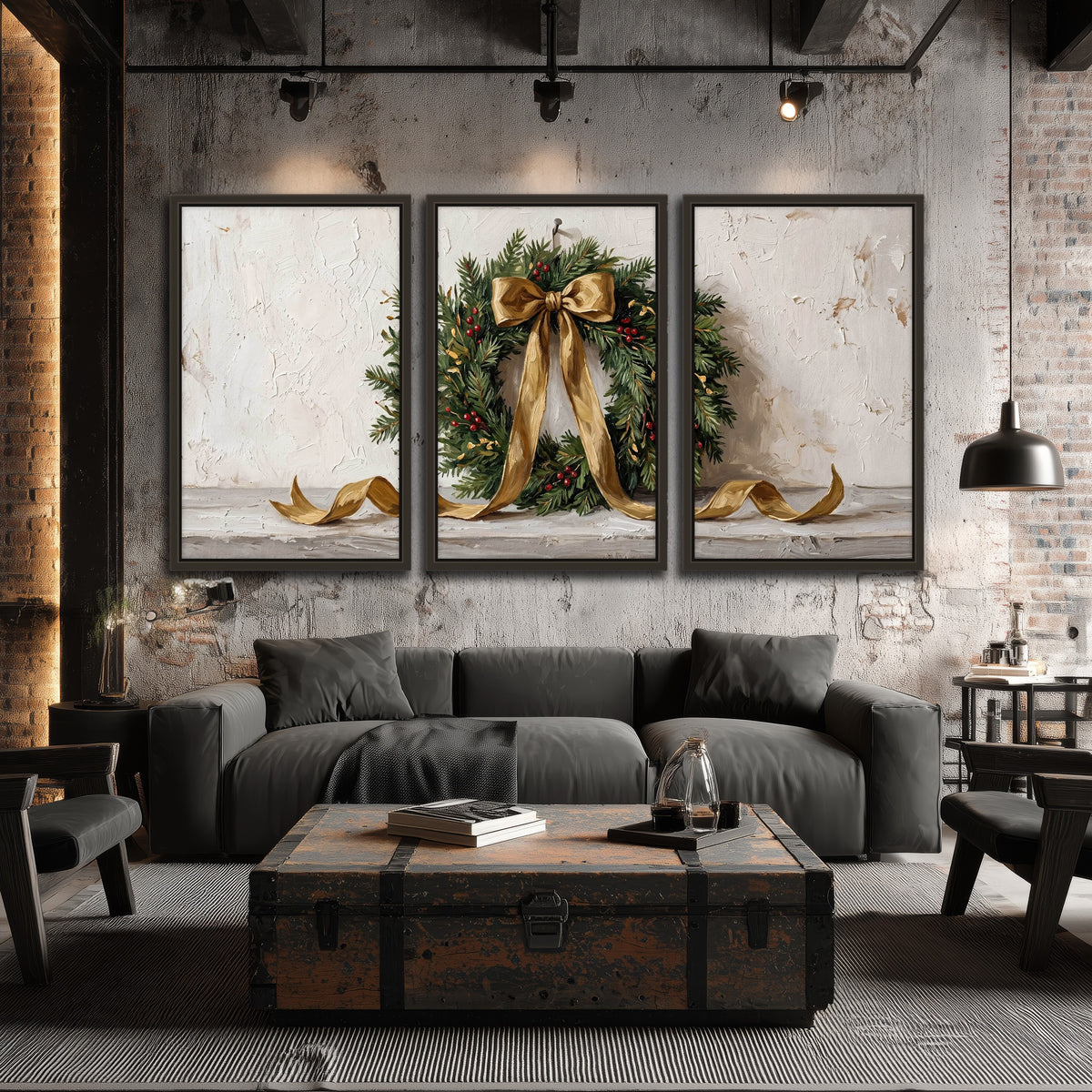 Christmas wreath gold ribbon painting 3 piece framed canvas in an industrial loft