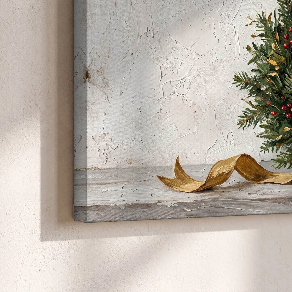 Christmas wreath gold ribbon painting canvas print close-up showing the gallery-wrapped edge