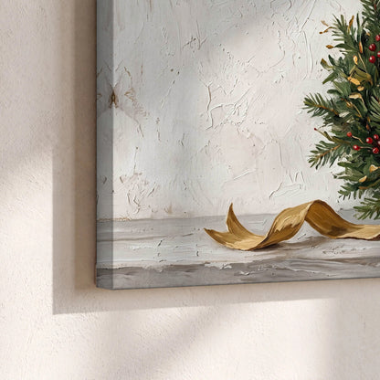 Christmas wreath gold ribbon painting canvas print close-up showing the gallery-wrapped edge