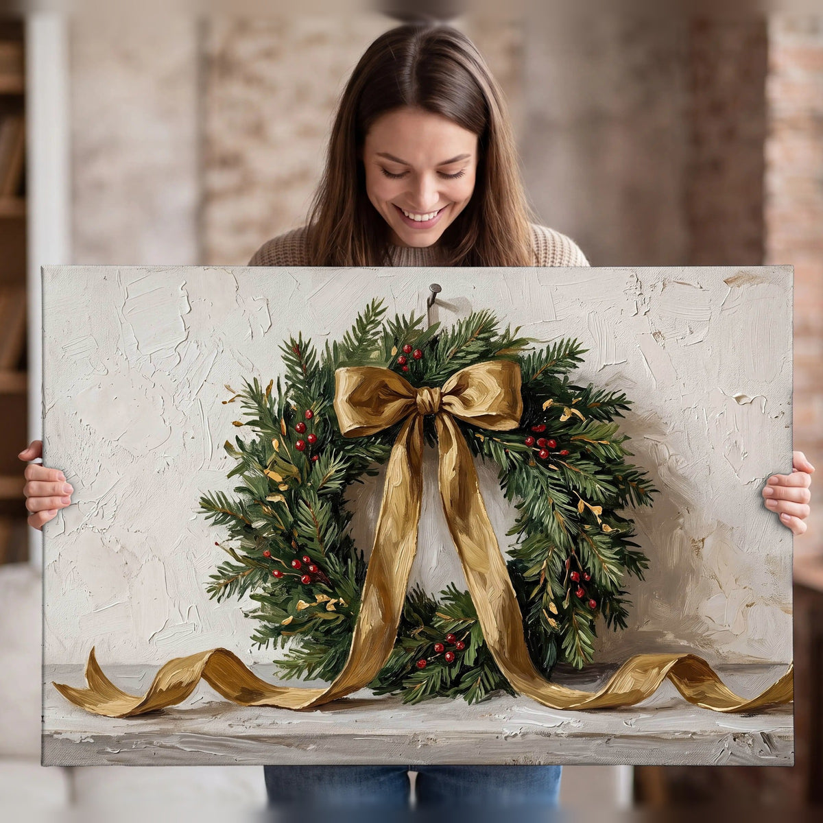 Christmas wreath gold ribbon painting canvas wall art held in hands
