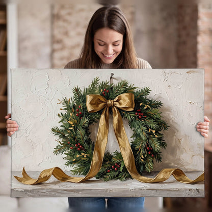 Christmas wreath gold ribbon painting canvas wall art held in hands
