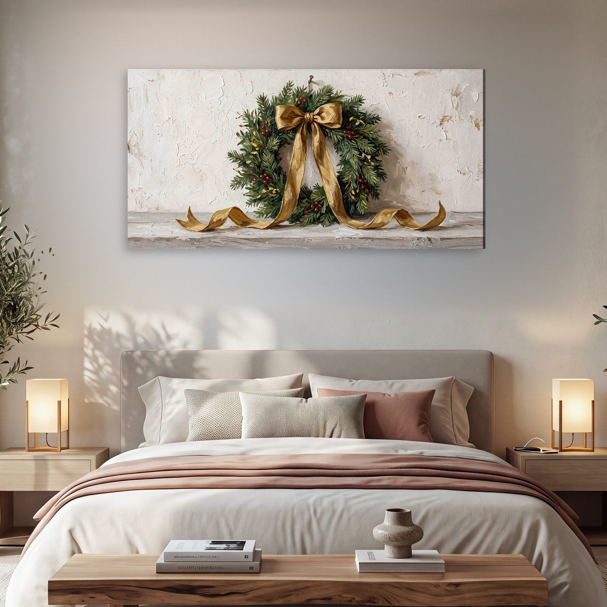 Christmas wreath gold ribbon painting canvas wall art in a bedroom above the bed