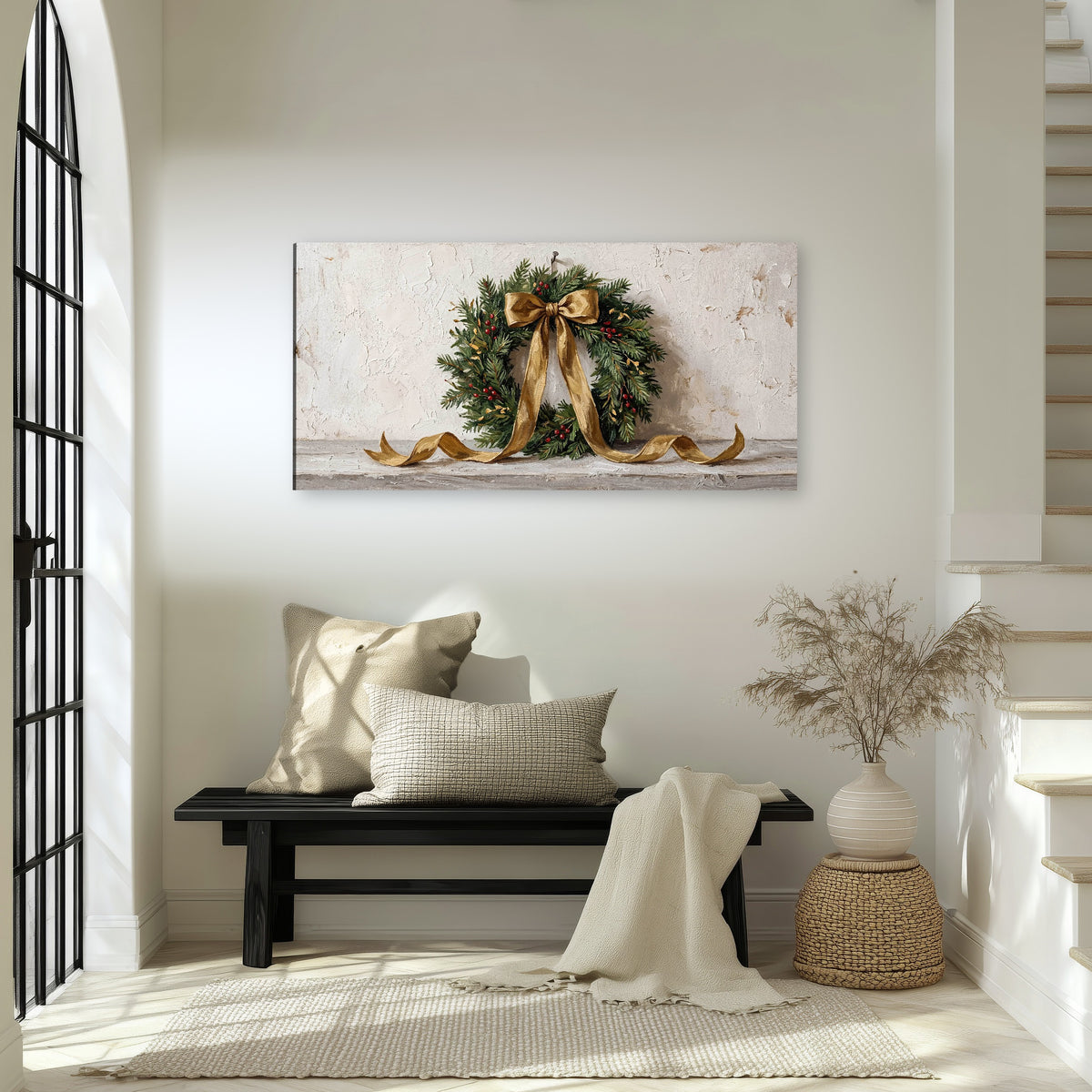 Christmas wreath gold ribbon painting canvas wall art in an entryway above a bench