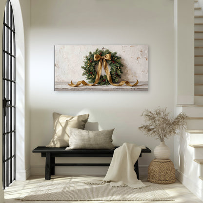 Christmas wreath gold ribbon painting canvas wall art in an entryway above a bench