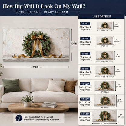 Christmas wreath gold ribbon painting canvas wall art size guide above a sofa