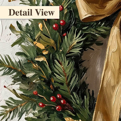 Christmas wreath gold ribbon painting detail close-up