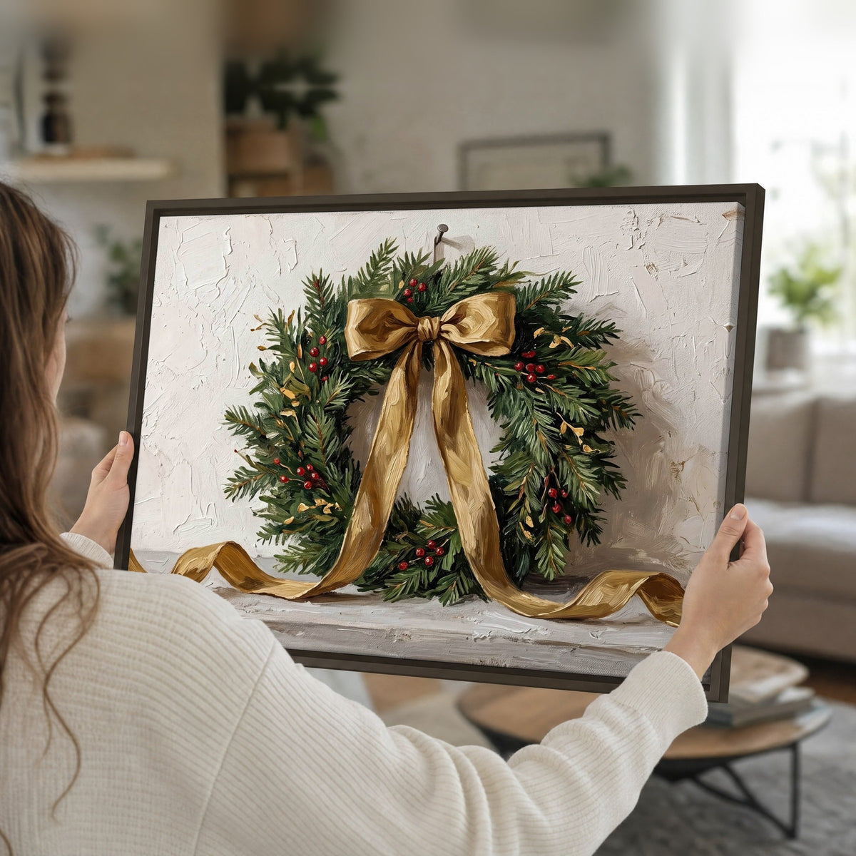 Christmas wreath gold ribbon painting framed canvas held in hands