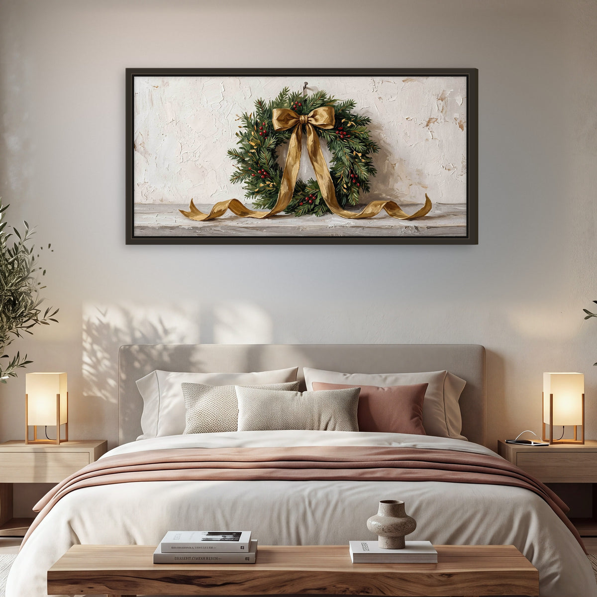 Christmas wreath gold ribbon painting framed canvas wall art in a bedroom above the bed