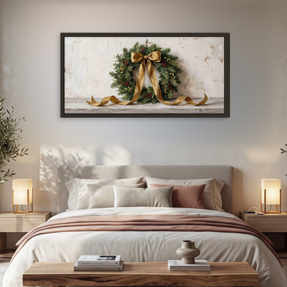 Christmas wreath gold ribbon painting framed canvas wall art in a bedroom above the bed