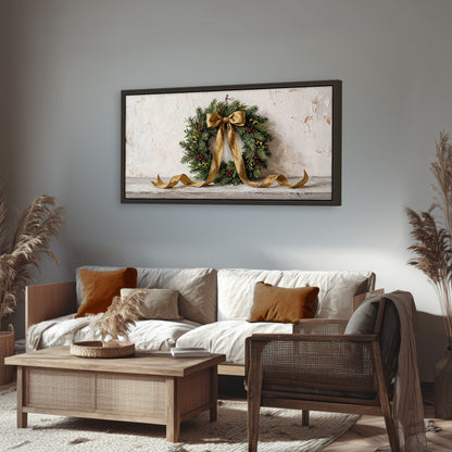 Christmas wreath gold ribbon painting framed canvas wall art in a rustic living room