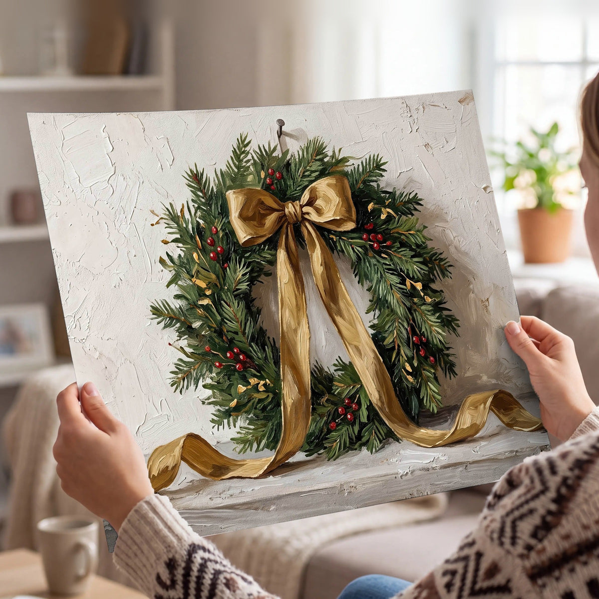Christmas wreath gold ribbon painting poster print held in hands