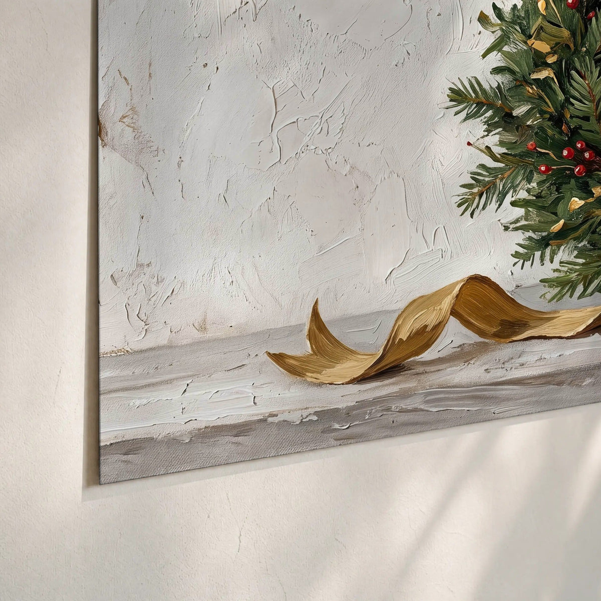 Christmas wreath gold ribbon painting poster print close-up on matte paper