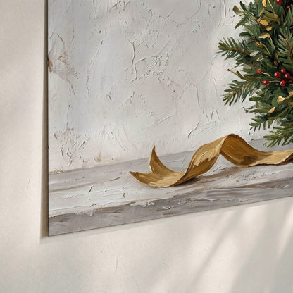 Christmas wreath gold ribbon painting poster print close-up on matte paper