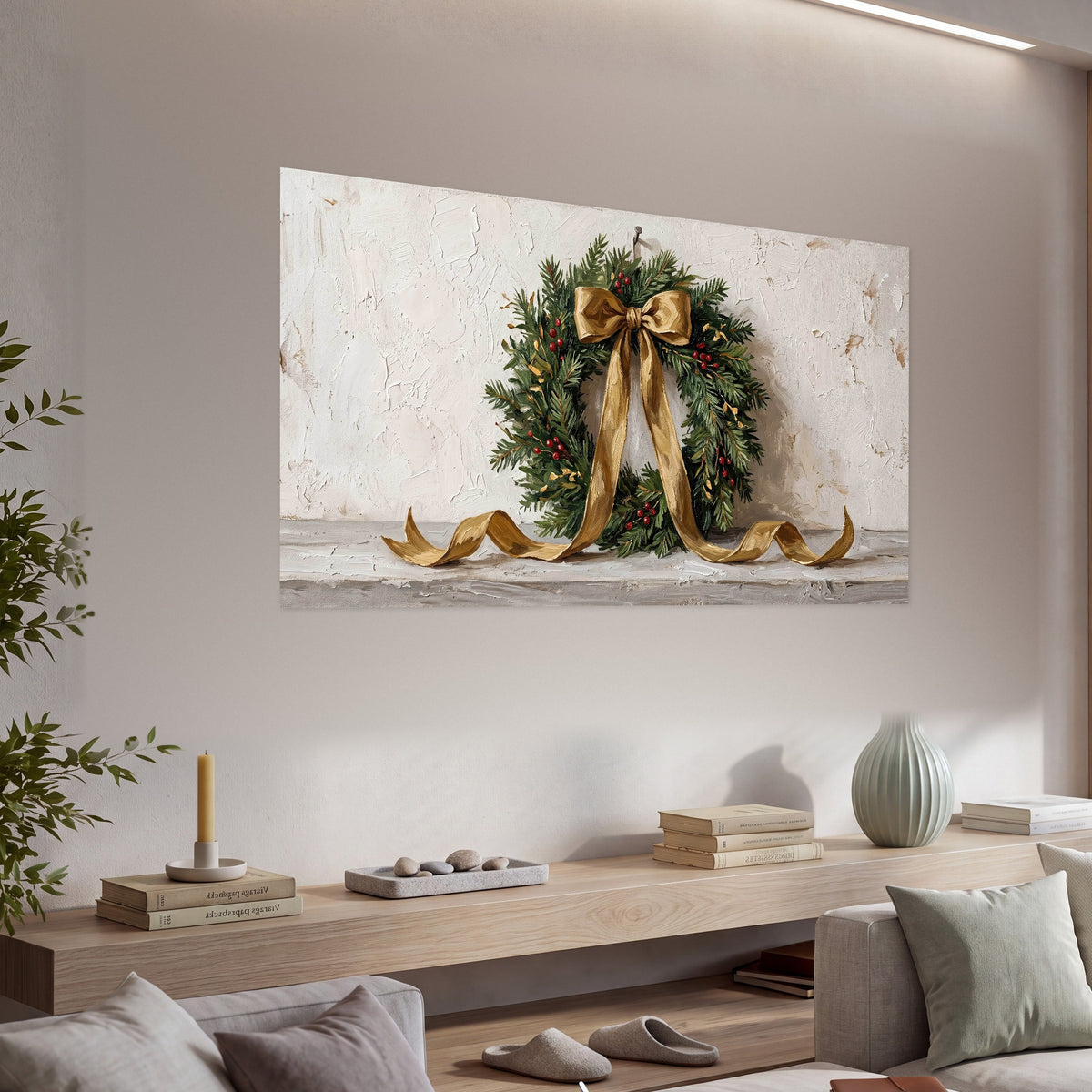 Christmas wreath gold ribbon painting poster print in a living room above a console