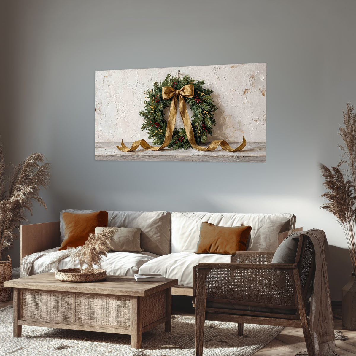 Christmas wreath gold ribbon painting poster print in a rustic living room