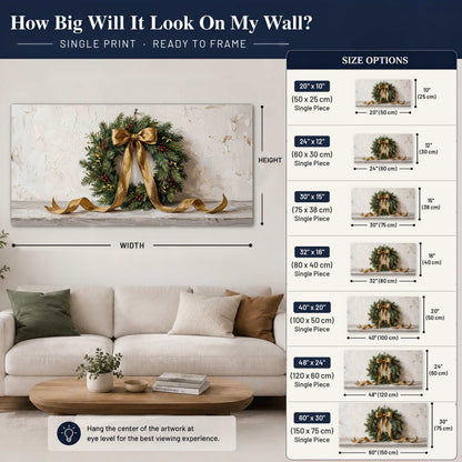 Christmas wreath gold ribbon painting poster print size guide above a sofa
