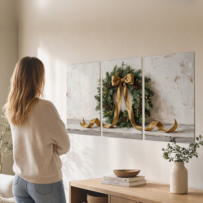Christmas wreath gold ribbon painting set of 3 poster prints in a living room