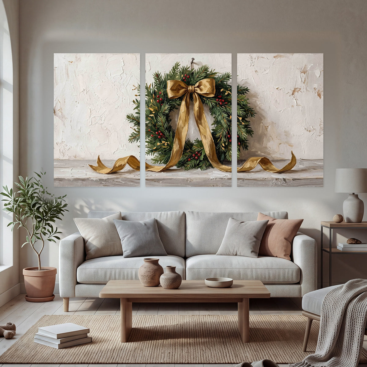 Christmas wreath gold ribbon painting set of 3 poster prints in a bright living room