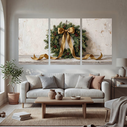 Christmas wreath gold ribbon painting set of 3 poster prints in a bright living room