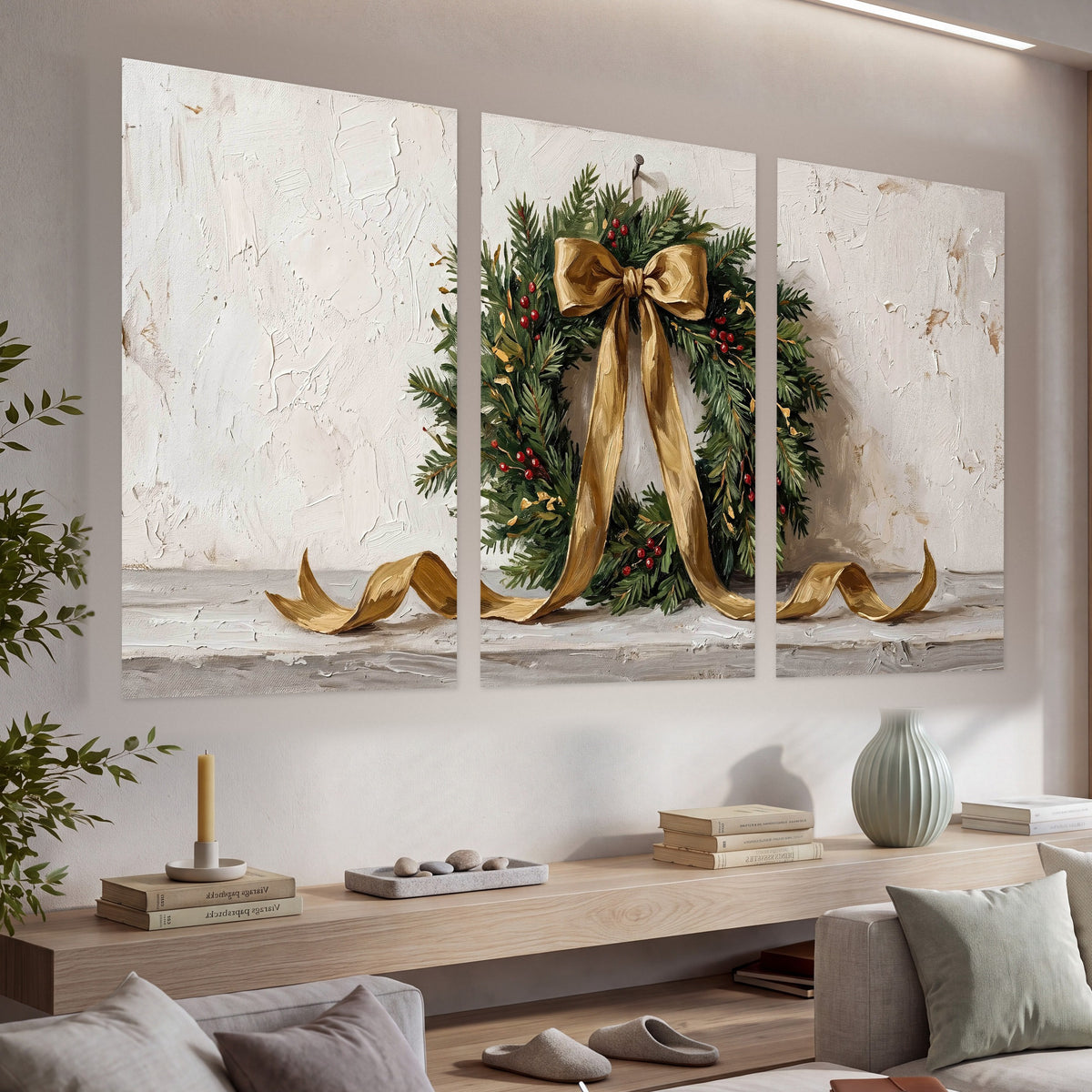 Christmas wreath gold ribbon painting set of 3 poster prints in a living room above a console