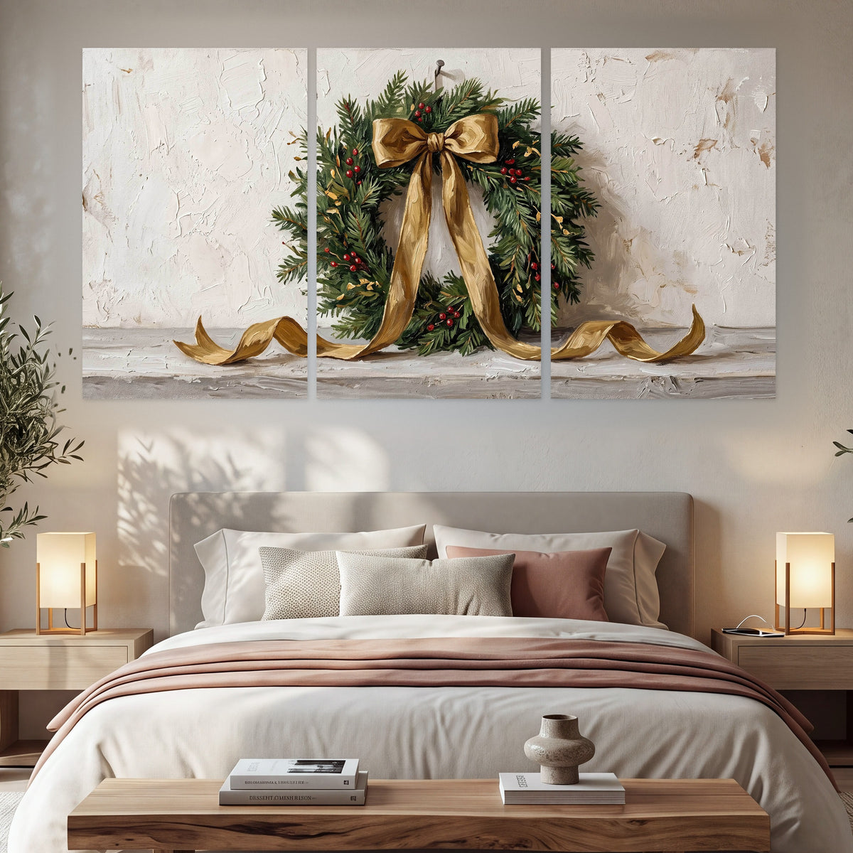 Christmas wreath gold ribbon painting set of 3 poster prints in a bedroom above the bed