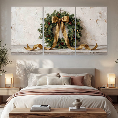 Christmas wreath gold ribbon painting set of 3 poster prints in a bedroom above the bed